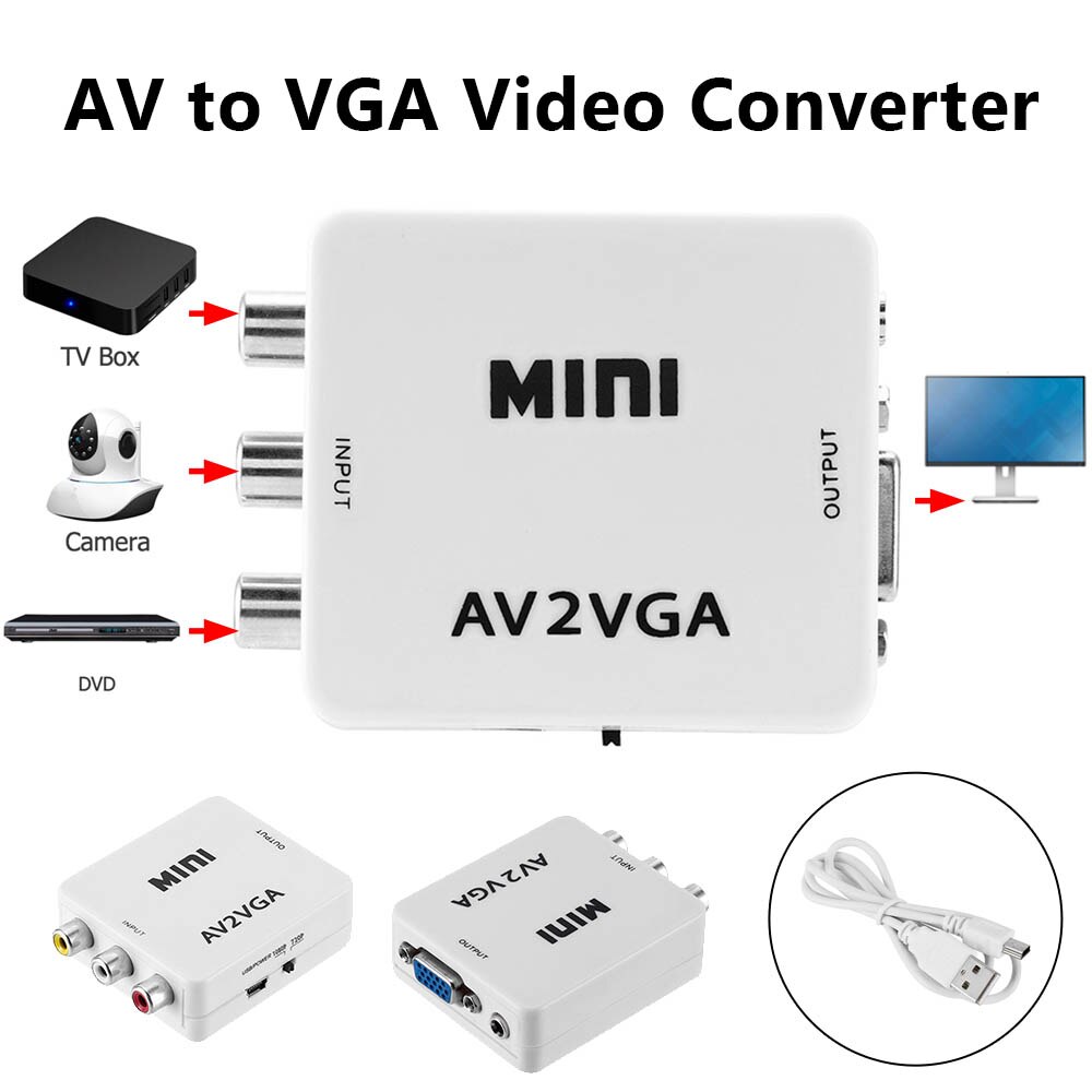 Mini Hd Av Naar Vga Video Converter Set-Top Box Video Display Converter Av/Rca/Cvbs Naar vga Monitor Hdtv Adapter Denoising Functie