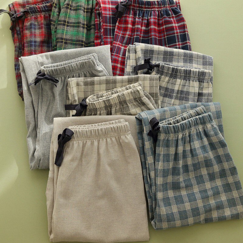 Autumn Winter Men 100% Brush Cotton sleeping bottoms Male nighty trousers Men Casual Loosen Plaid pajama pants XXL