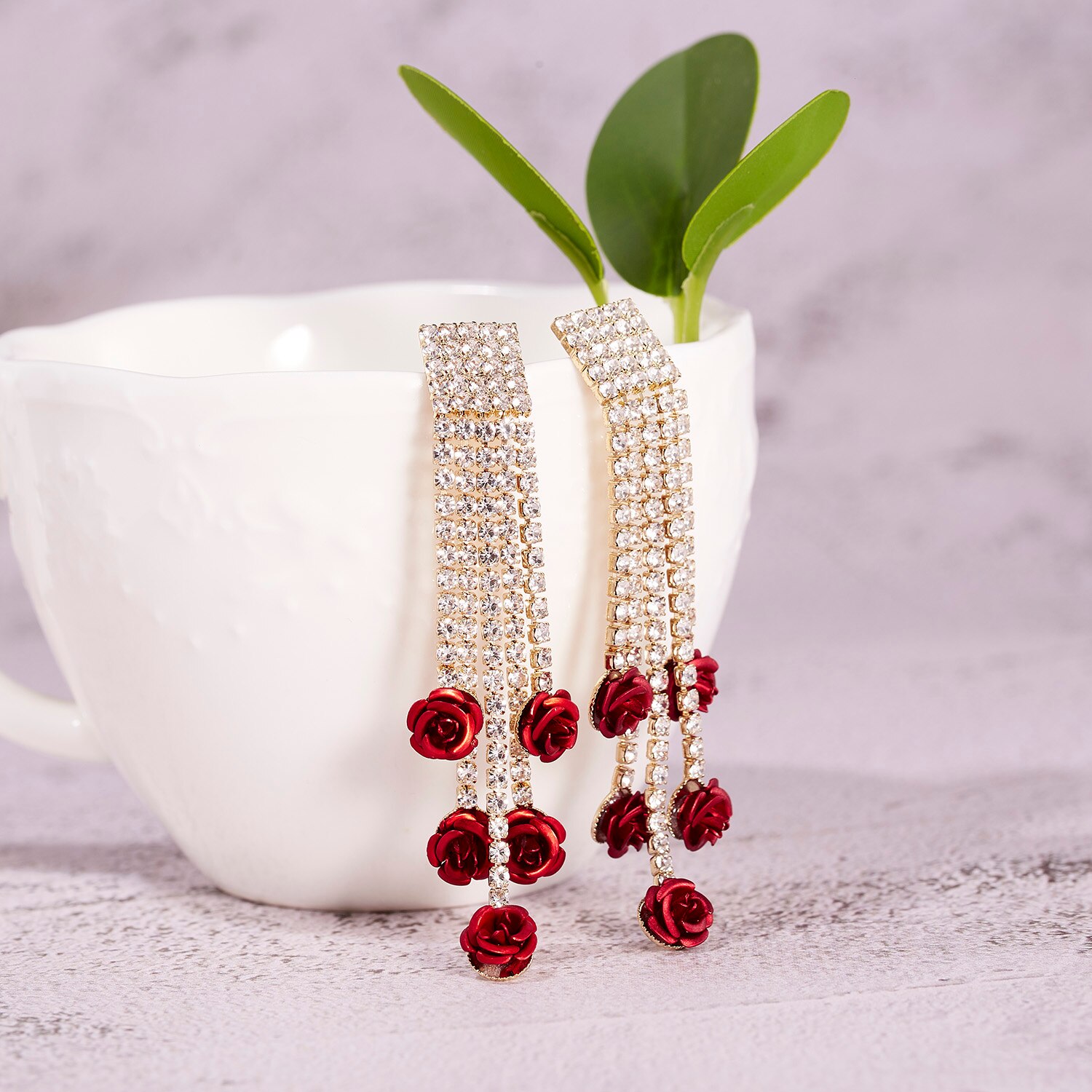 Rose Flower Dangle Oorbellen Voor Vrouwen Lange Tassel Shiny Rhinestone Earring Wedding Party Engagement Sieraden: 8