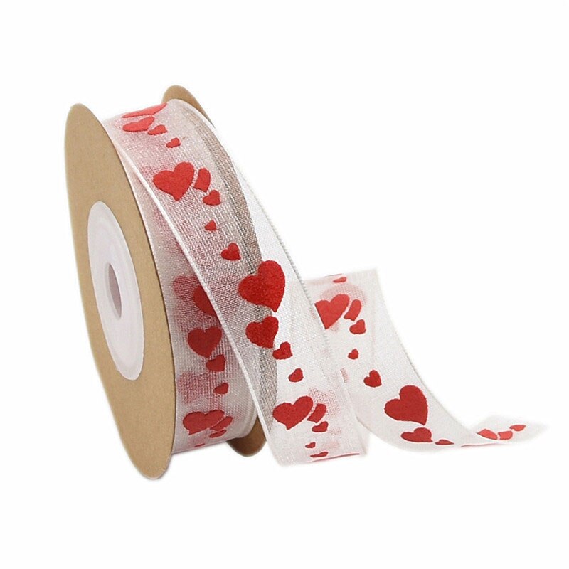5/10M (1 Roll) Romantic Red White Heart printed Ribbon Organza Lace ribbon Riband for Sewing Wedding Wrapping Accessories: 6