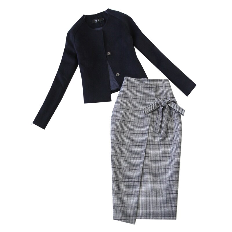Women's autumn winter blue short jacket high waist pencil skirt woolen skirt suit office clothes blazer office uniform