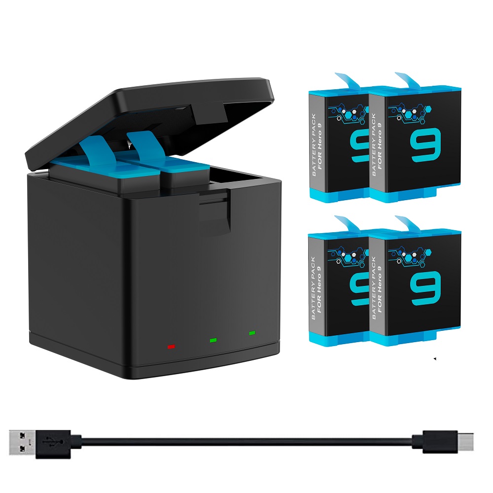 2000 mah batterier til gopro hero 9/10 batteri ,3- kanals usb oplader (fuldt kompatibel med officielt gopro 9 10 tilbehør): 1 oplader 4 batterier