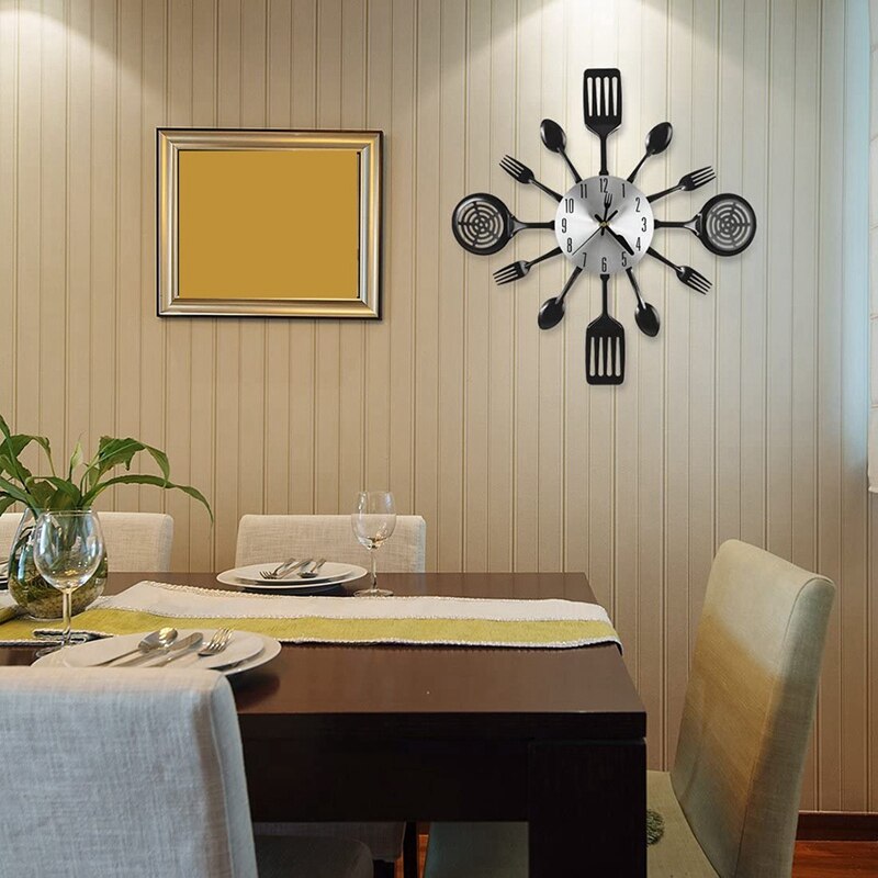 16 Polegada grande cozinha relógios de parede com colheres e garfos, 3d utensílios de mesa relógio de parede da sala decoração para casa
