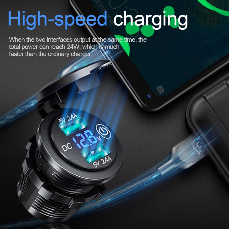 Dubbla usb  qc3.0 billaddare uttag med touch-omkopplare vattentät dammtät lock led 12v biluttag för telefon surfplatta kamera gps dvr