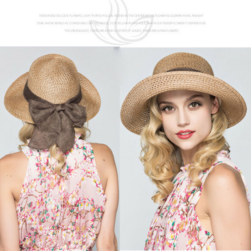 Vrouwen Dames Casaul Boho Floppy Zomer Brede Rand Lint Lace Up Strooien Hoed Strand Zon Opvouwbare Cap