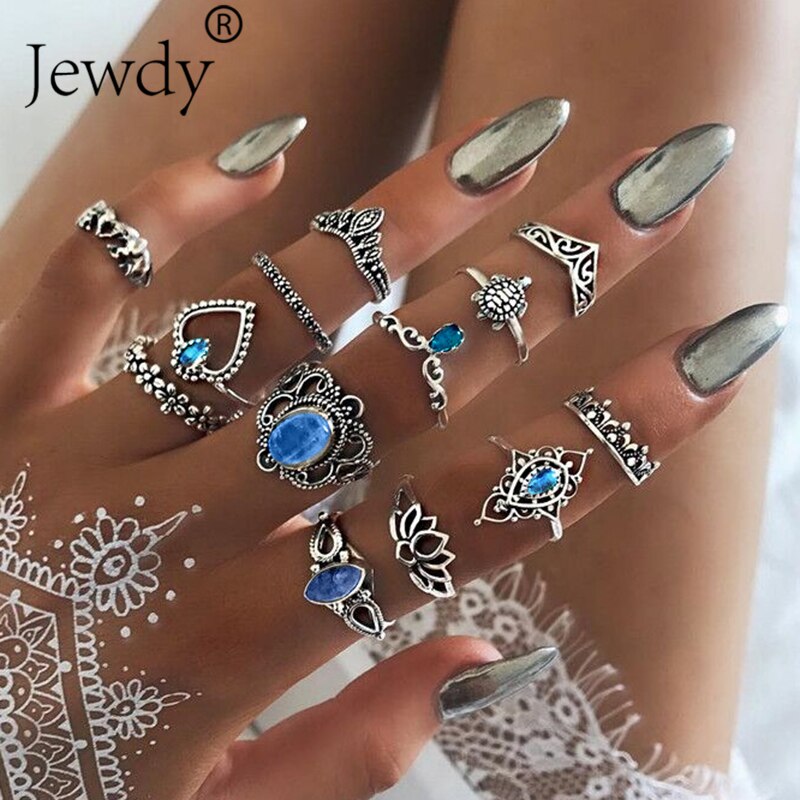 13 stks/set Vintage Olifant Schildpad Kristal Kroon Ringen Set voor Vrouwen Lotus Hart Midi Knuckle Rings Partij Sieraden