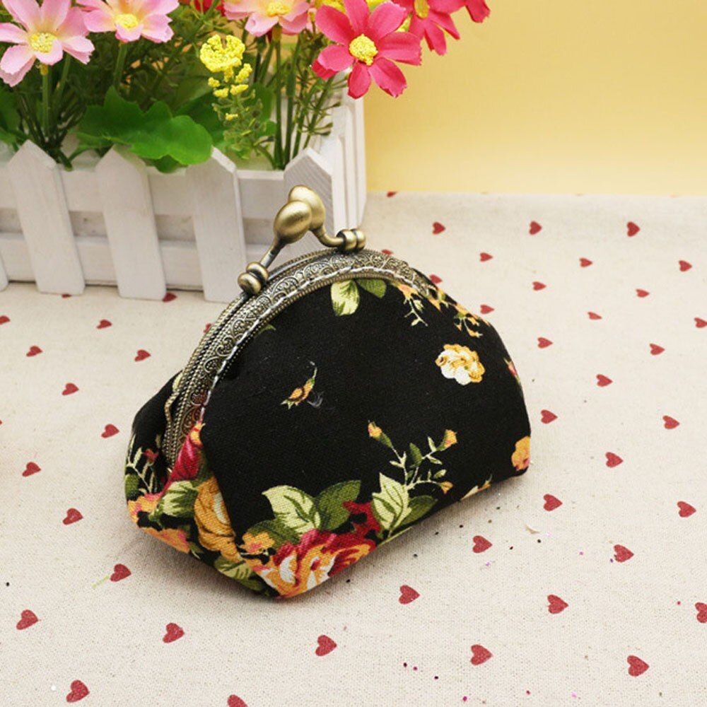 Vintage Portemonnee Vrouwen Lady Retro Retro Bloemenprint Kleine Portemonnee Hasp Bloemen Printing Bloemen Clutch Money Key Pouch: Black