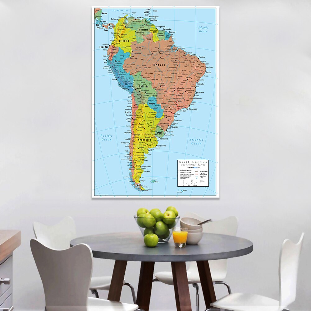 100*150cm de la América del Sur mapa político lienzo pintado con Spray pared arte cartel sala de Decoración de casa de los niños de la escuela suministros
