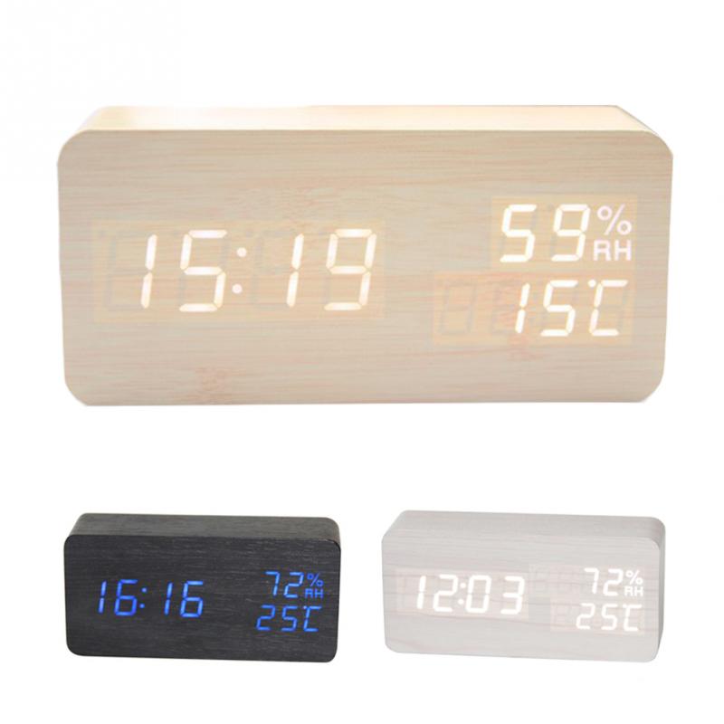 LED Wooden Alarm Clock Desktop Watch Voice Control Temperature Humidity Living Room Display Desk Alarm Clocks Home Decor