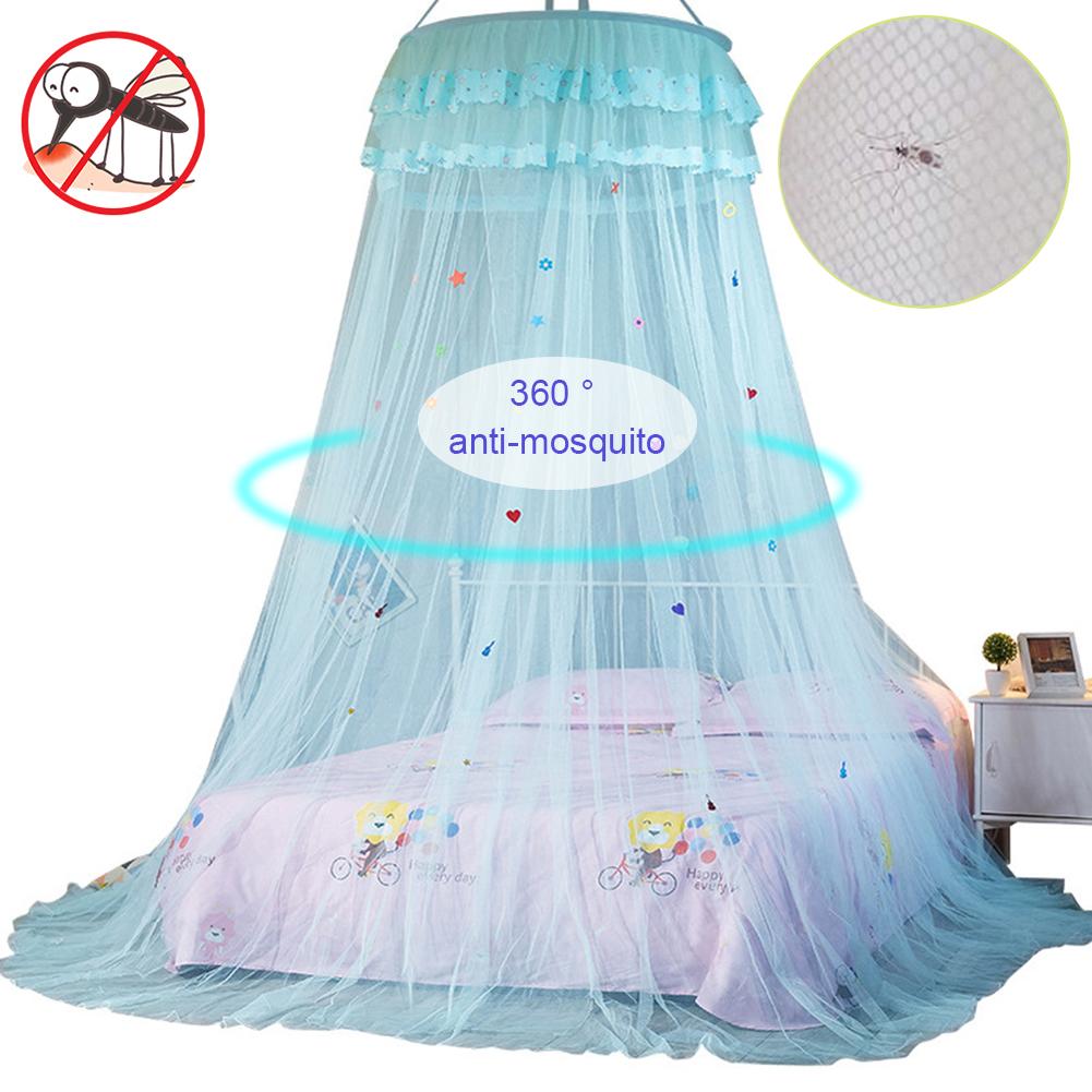 Hauteur 2.7M lit baldaquin accroché moustiquaire princesse lit tente rideau pliable auvent sur le lit fée dentelle Dossels: Blue