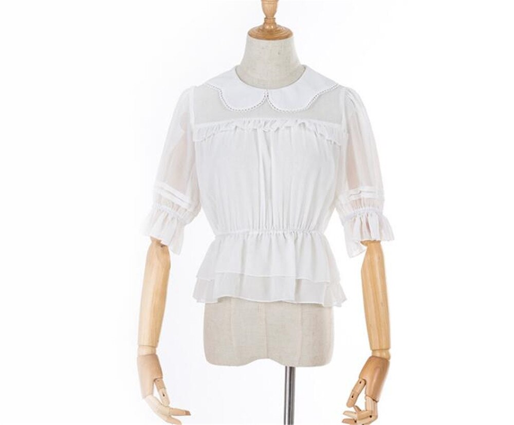 Sød kronbladskrave dame chiffon top halv gennemsigtige ærmer lolita bluse  b343: Hvid / L