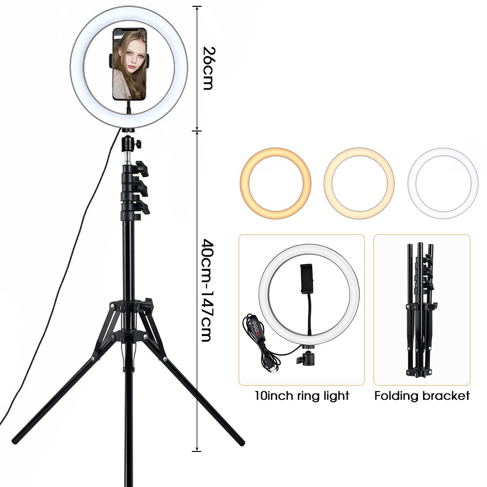 Legering Led Ring Light Met Camera Statieven-10 Inch 26Cm Fotografische Verlichting Selfie Foto Video Live Licht Voor iphone Profes: Light with Tripod B