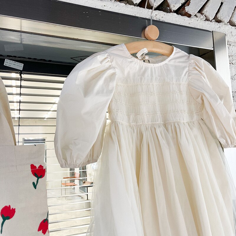 2022 Spring Korean Style Baby Girls Princess Dresses Puff Sleeve Solid Color Ball Gown Toddlers Kids Party Dress