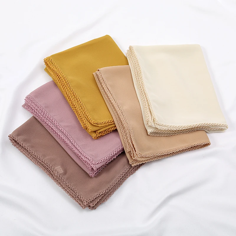 Premium Chiffon Hijab Sjaal Voor Vrouwen Tulband Sluier Kant Stiksel Sjaals Moslim Hijaabs Effen Kleur Vrouw Hoofddoek Sjaal Ramadan