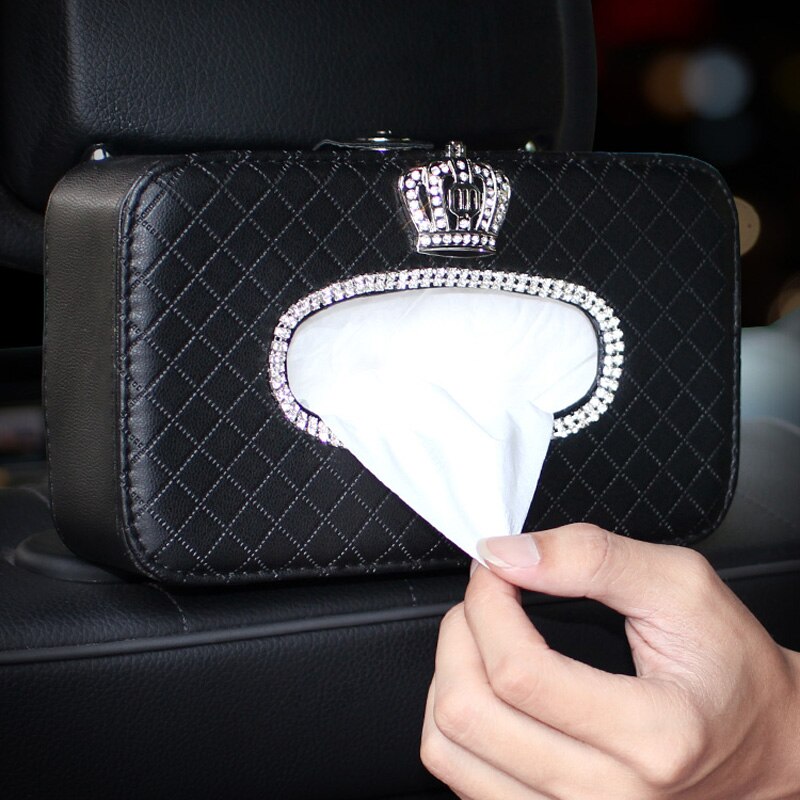 Krystal krone sløjfe bil tissue box læder tissue holder auto sæde ryg nakkestøtte hængende papirpose diamant til biltilbehør