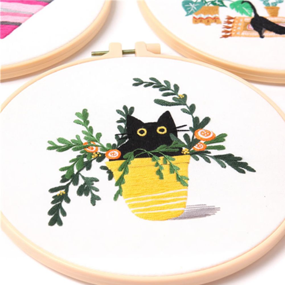 Kit de broderie motif chat noir fleur, outils de couture imprimés, Kit de couture artisanale pour débutant, broderie ronde, point de croix