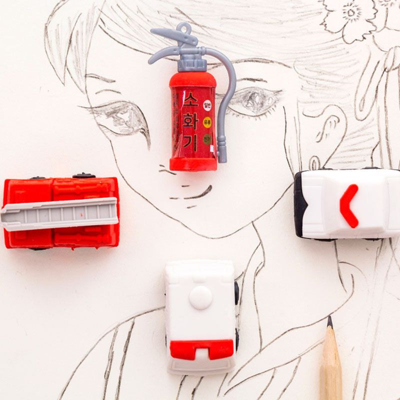 4 unids/set extintor de camión de bomberos goma borrador Kawaii papelería suministros escolares corrección estudiante niños