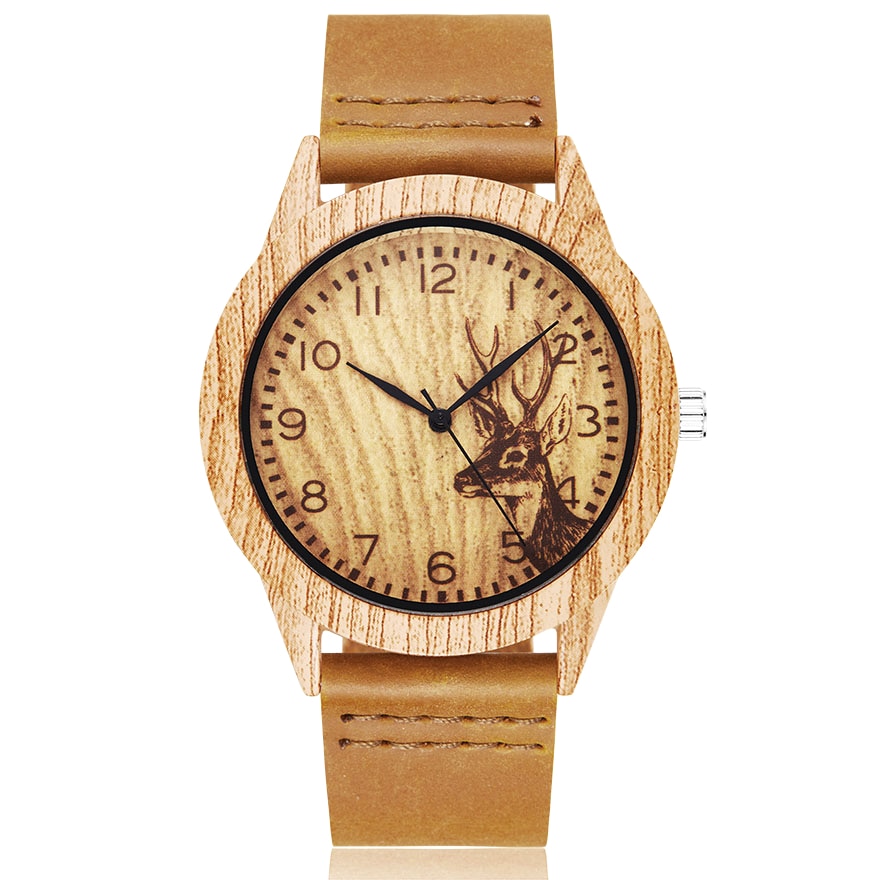 Reloj de pulsera de madera de imitación de árbol y ciervo para hombre y mujer, cronógrafo de imitación de Animal, caja acrílica, color marrón
