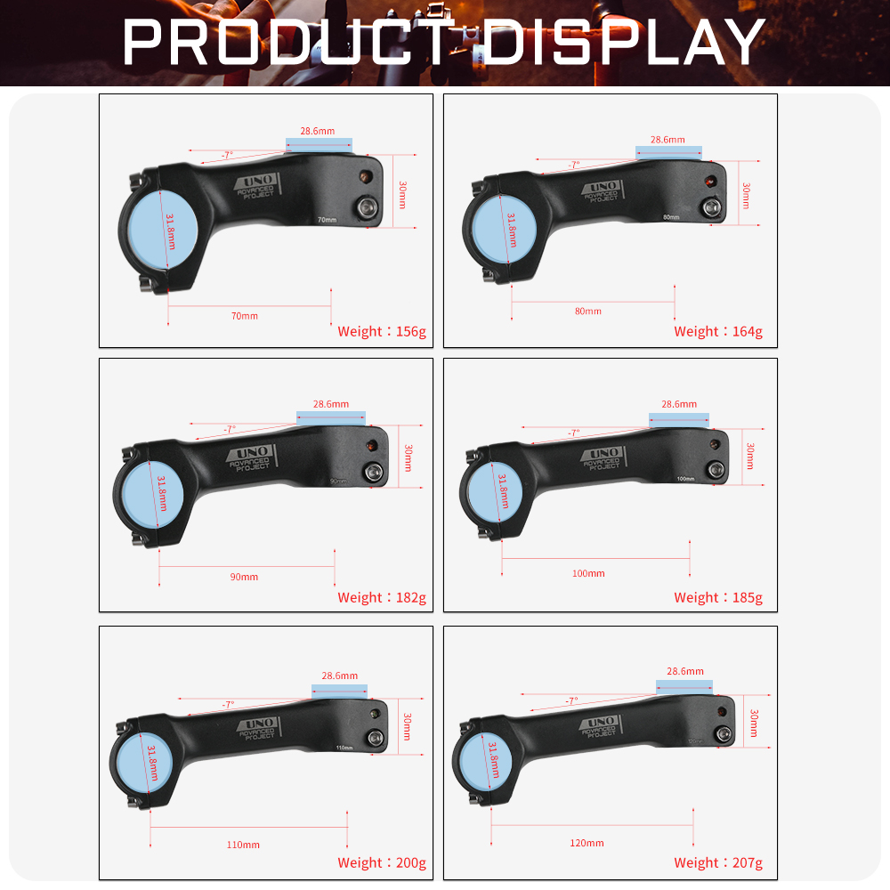 Uno cykelstam ultralätt racercykelstam gaffel -7 grader 28.6mm 31.8mm 70/80/90/100/110/120mm mountainbike cykel kalloy