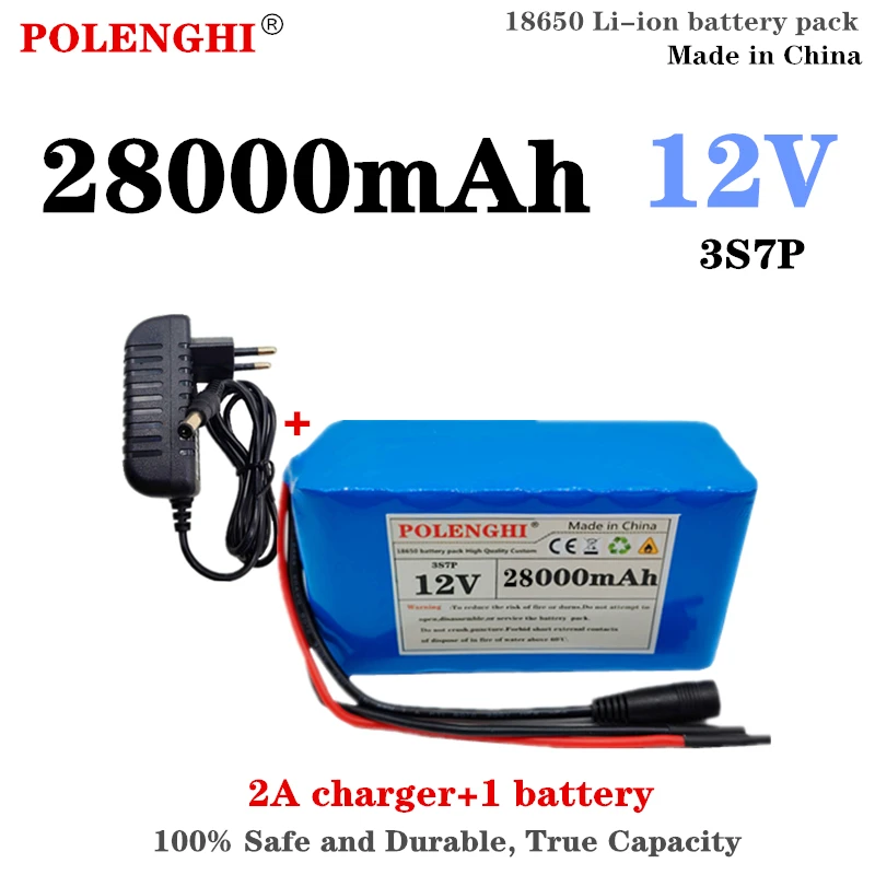 100 % echter 12 V 28000 mAh 3S7P 18650 wiederaufladbarer Lithium-Akku mit großer Kapazität und integriertem intelligentem BMS 12,6 V 2 A Ladegerät