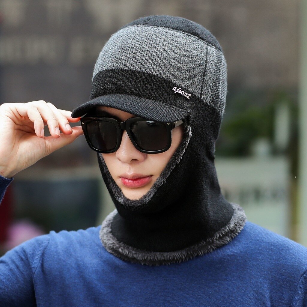 Wintermutsen voor mannen skullies muts wintermuts heren dames wollen sjaal mutsen set bivakmuts masker gorras muts gebreide muts: Zwart