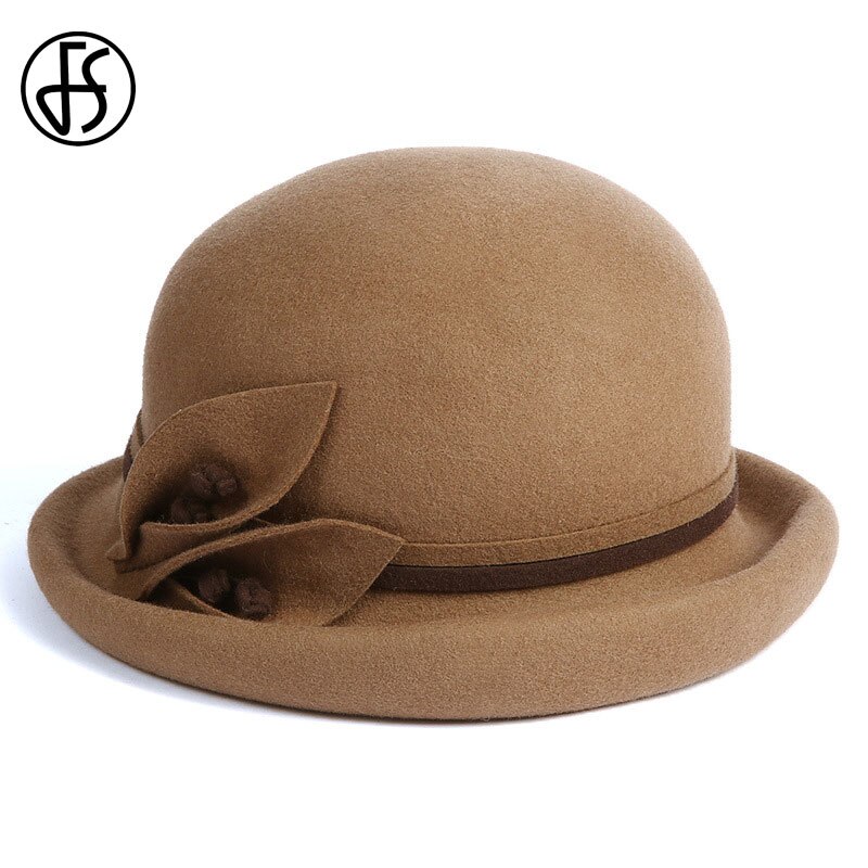 FS Winter Women Fedora Hat Wide Brim Wool Felt Bowler Hats Chapeau Femme Feutre Cloche Ladies Black Khaki Church Caps