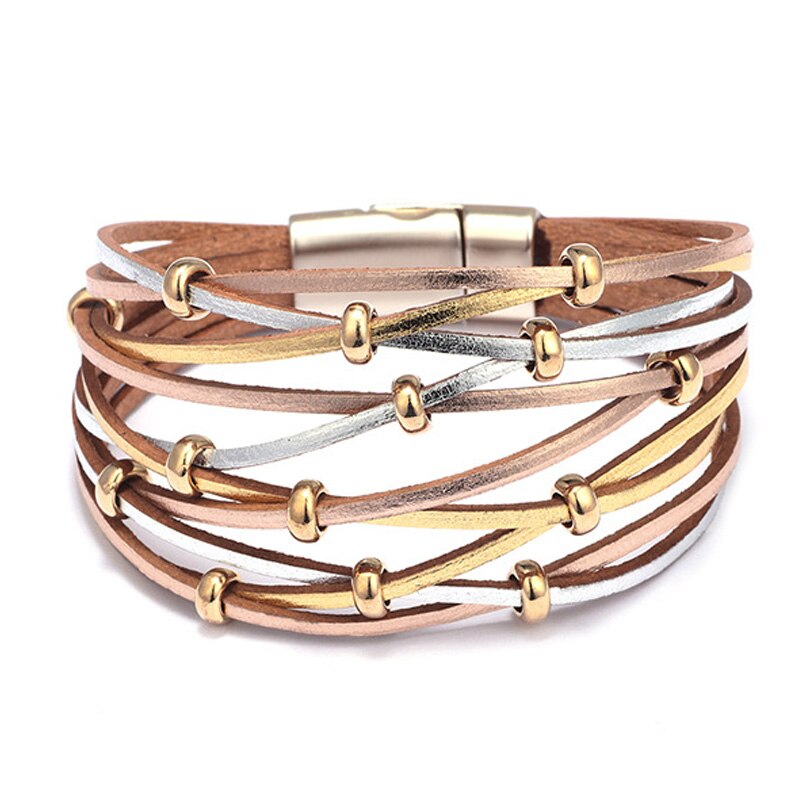 Feminino mão acessórios 10 multi camada vento pulseira de couro ampla envoltório pulseira femme ímã fivela jóias presente 2020: gold