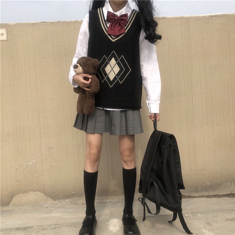 Academic Style Suit Coat + Knitted Sleeveless Vest + Long-Sleeved Shirt JK japanese school uniform school girl outfit