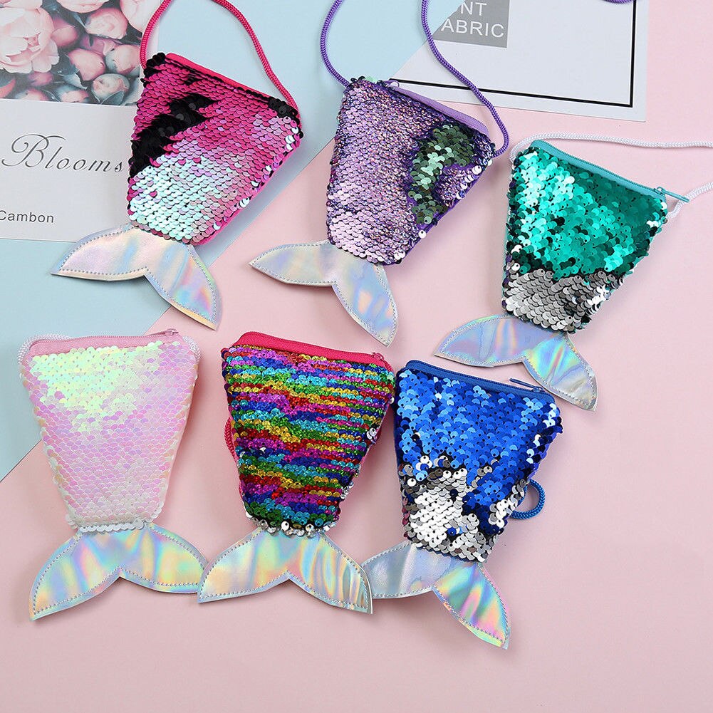 Kid Girl Colorful Change Sequin Mermaid Tail Messenger Bag Children Cute Zipper PU Small Handbag Style