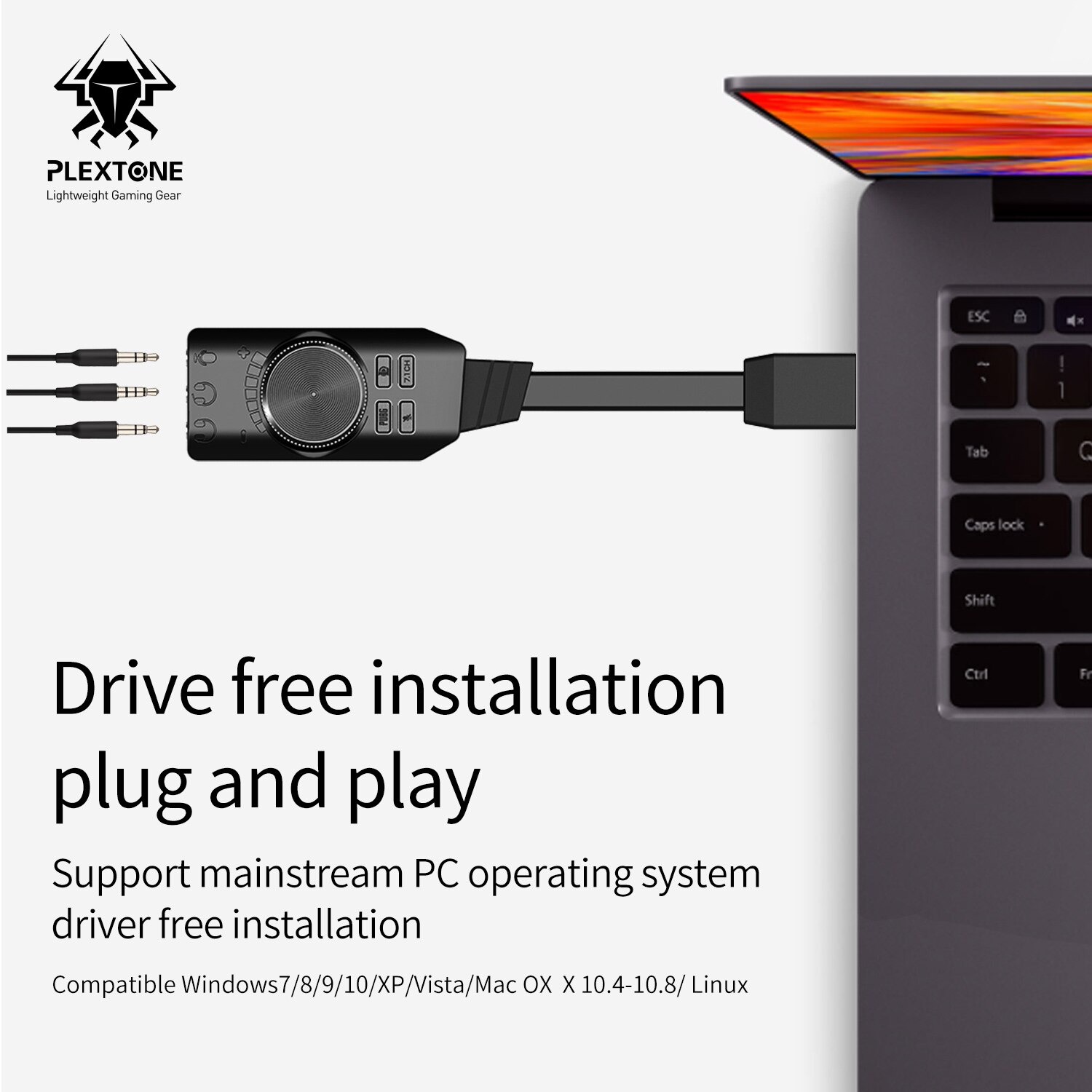 PLEXTONE GS3 Sound Card Virtual 7.1 Channel Adapter External USB Amplify Sound 3.5mm Headset Converter PC Desktop Laptop