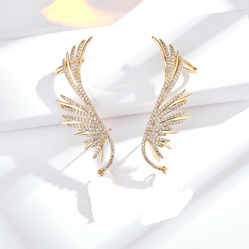 Angel Wing Full Rhinestone Ear Cuff Popular Leaf Shaped Clear Crystal Jewelry Women Party Clip Earring Punk Style