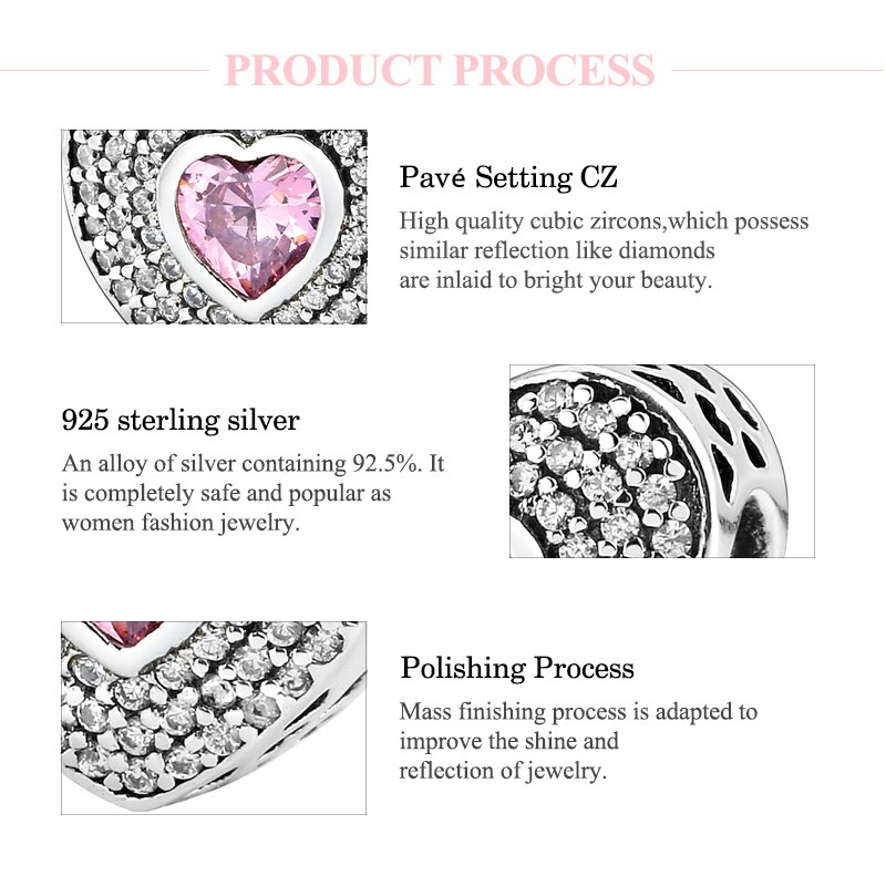925 Sterling Silver pink Layers heart CZ beads Fit Original JIUHAO Charm Bracelet Jewelry making Valentine's Day