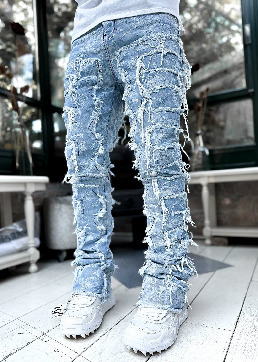 Stretch patch herrejeans  y2k patchwork kvaster dekoration lige denimbukser til mænd hiphop jeansbukser: Xxl / Blå