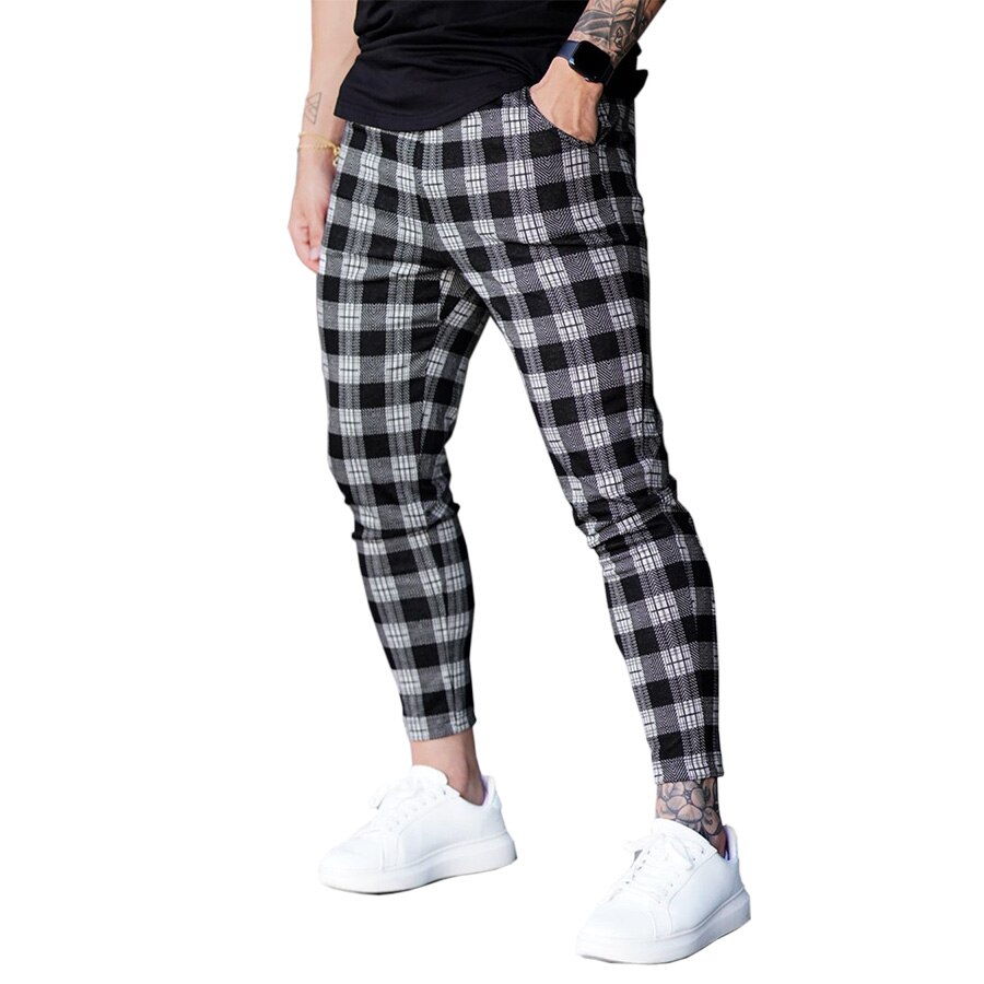 Pantalones deportivos de para hombres, pantalones de pitillo de cintura alta a cuadros para niños para primavera y otoño: XL / Negro