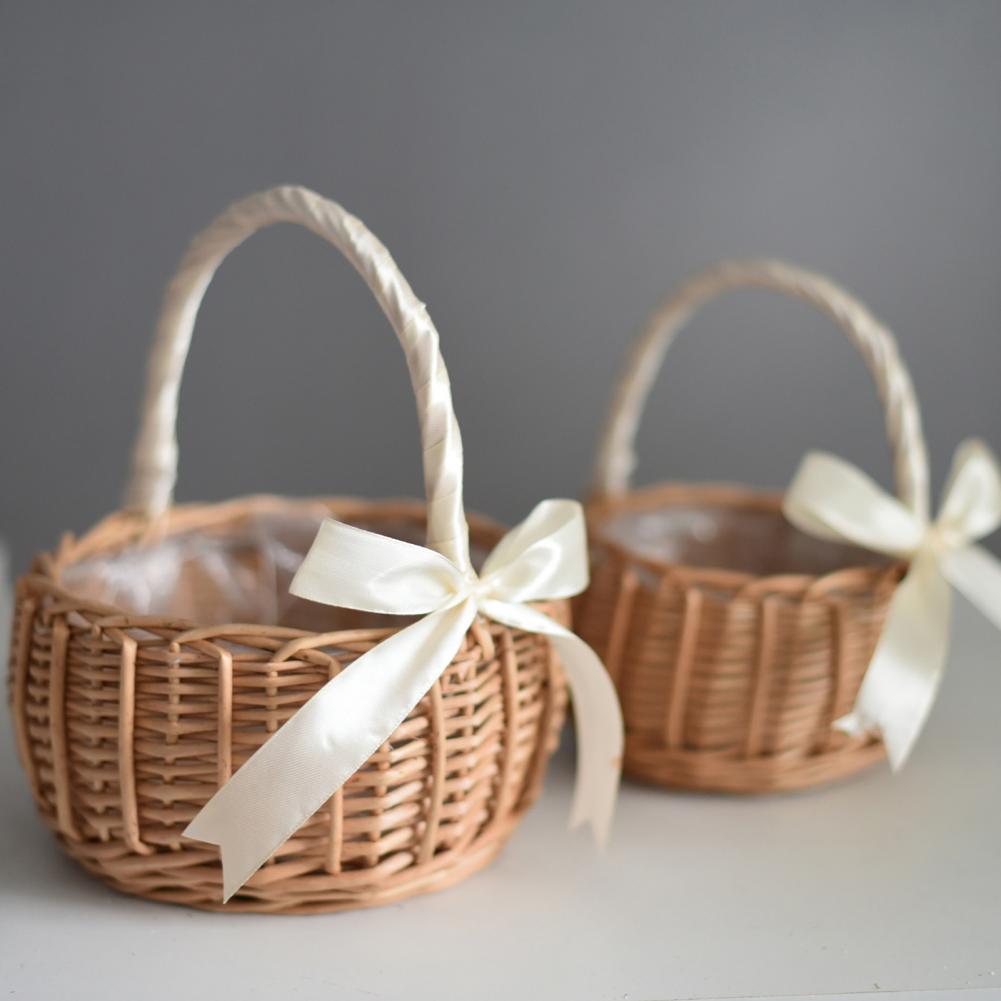 Hand-woven Wedding Flower Basket With Handle Wicker Sundries Basket Wedding Flower Girls Basket for Home Picnic Storage Basket