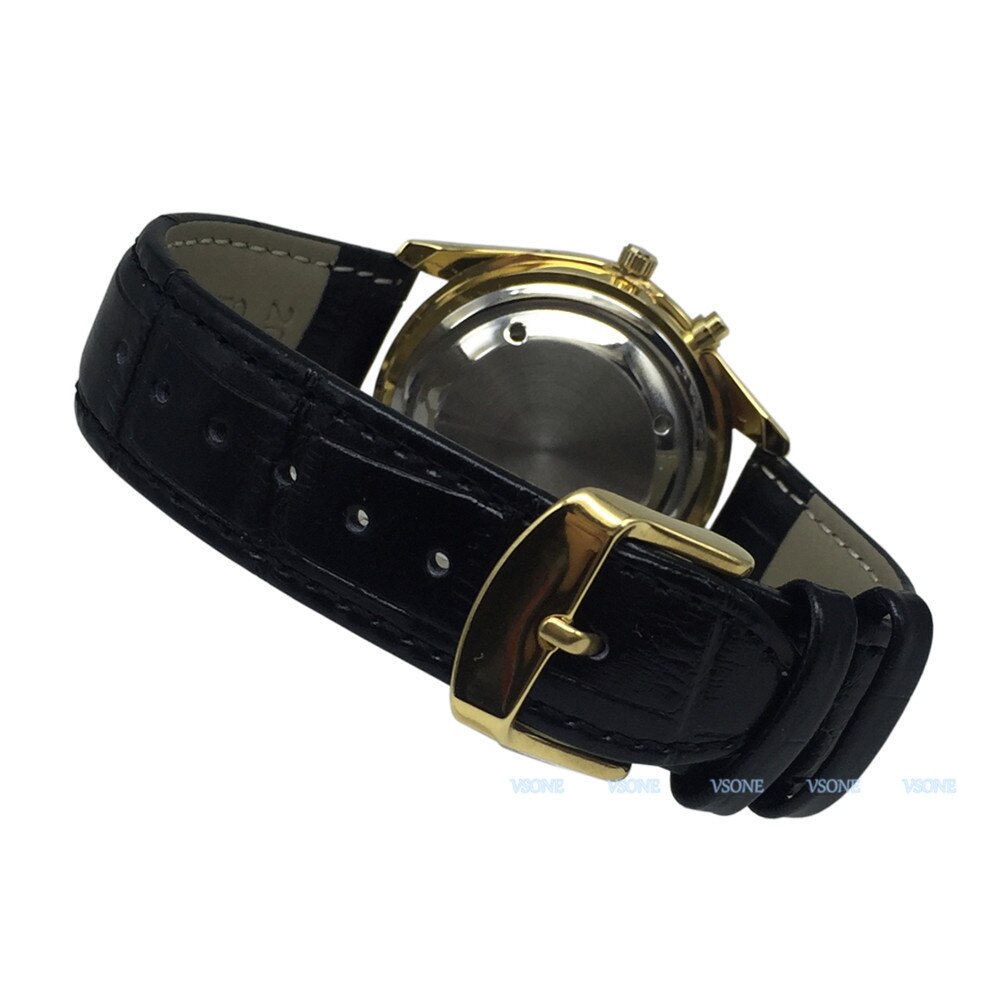 Spaanssprekend horloge met alarmfunctie, spreektijd, witte wijzerplaat, zwarte leren band, gouden kast  b4-g207w- ts