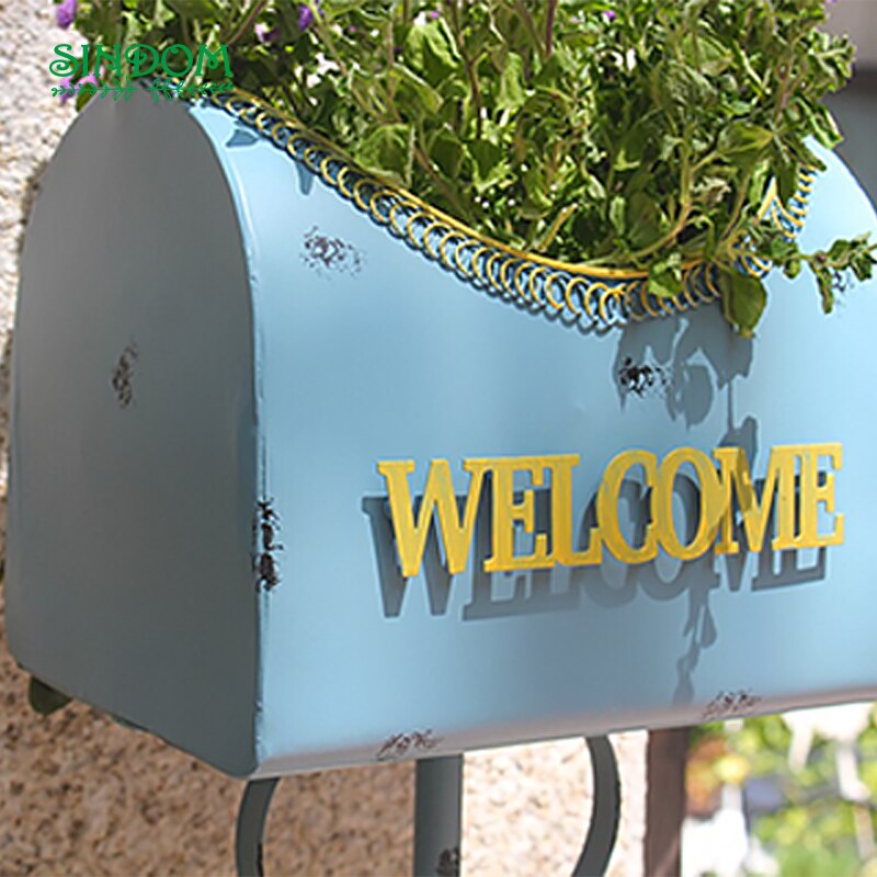 Buzón de hierro antiguo americano para jardín, maceta de flores de pie, para exteriores