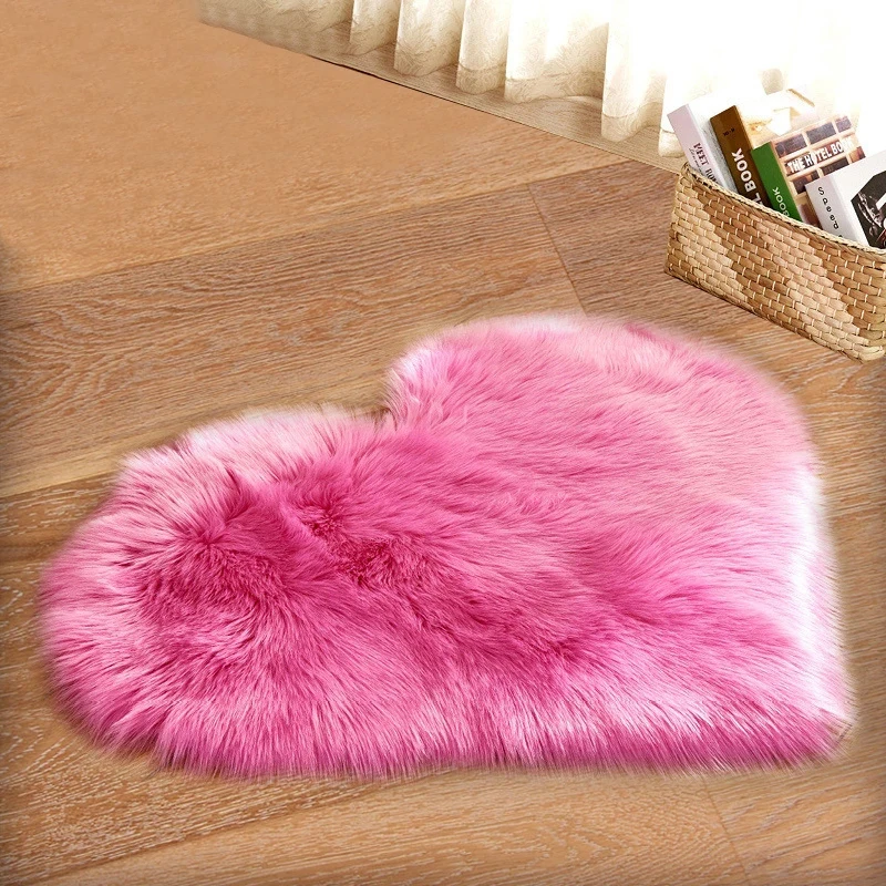 Alfombra peluda larga, alfombra peluda azul, blanca y rosa, alfombras de piel con forma de corazón, lana suave Artificial, piel de oveja, alfombra para puerta de dormitorio y habitación de bebé
