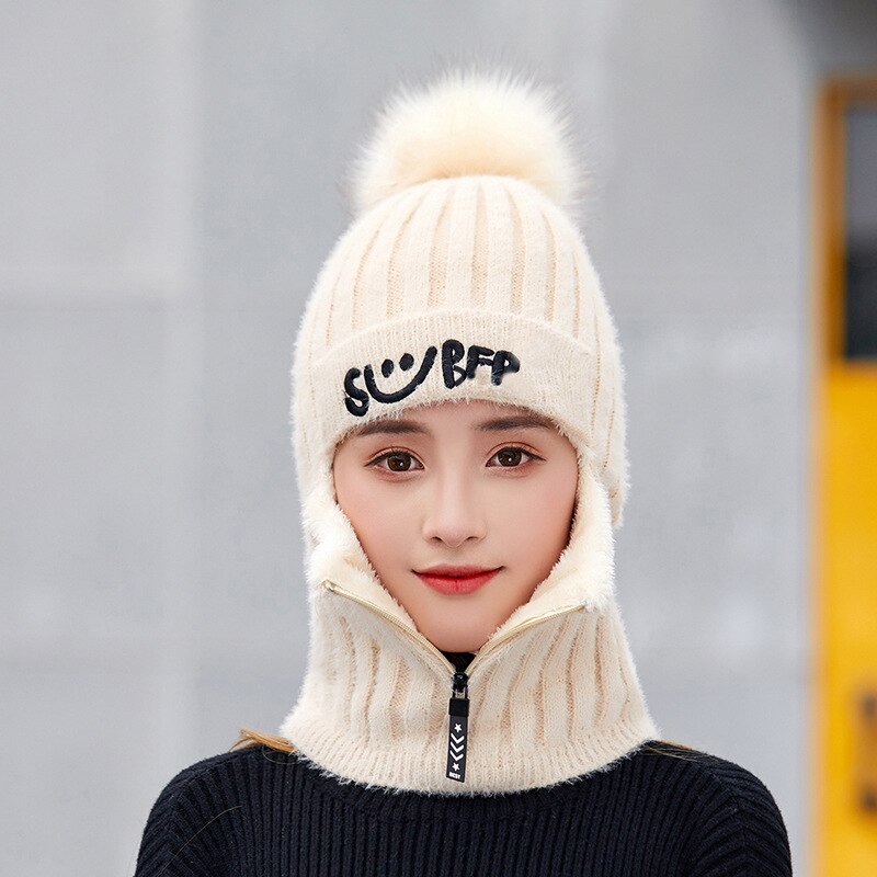 Jodimitty 2 -delige gebreide muts en sjaalset met haarbal en pompon, dikke winterwarme, schattige meisjesletter met smiley en rits: Volwassen beige