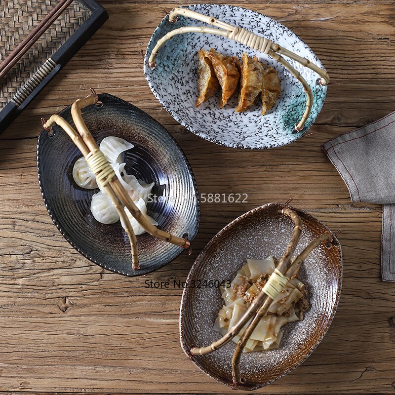 Creatieve Japanse Keramische Plaat Sushi Winkel Hotel Servies Set Borden Draagbare Bamboe Opknoping Plaat Fruit Mand Diner Platen