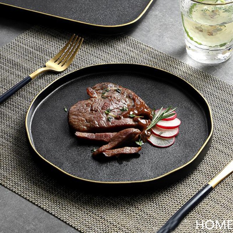 Nordic Golden Edge Plate Tray Ceramic Home Round Western Steak Dish Dessert Plate Frosted Disc Square Kitchen Cutlery Tray
