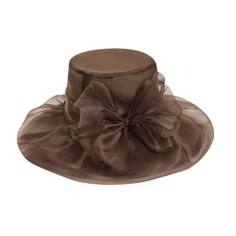 Sombreros de Organza de ala ancha para mujer, sombreros para la Iglesia, sombreros para el sol con flores grandes, plegables, color blanco y rosa, color púrpura: Coffee