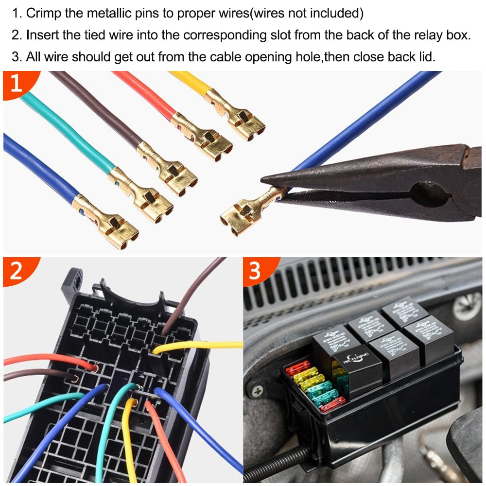 12-Slot Relay Box 6 Relays 6 ATC/ATO Standard Fuses Holder Block with 41pcs Metallic Pins Universal for Automotive and Marine