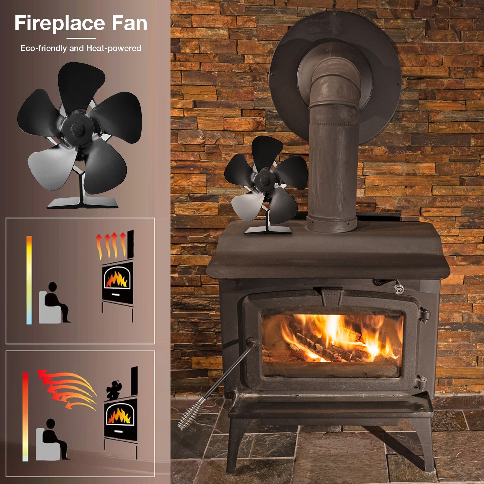 Black Fireplace 5 Blades Aluminum Alloy Heat Powered Stove Fan Log Wood Burner Safe Home Fireplace Fan Efficient Heat Distributi