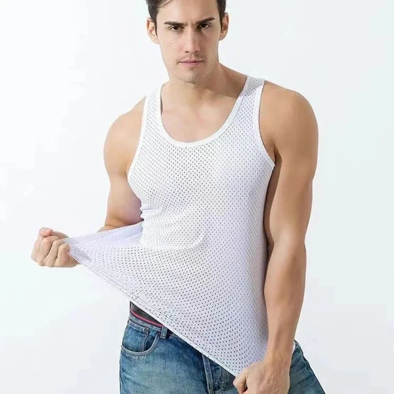 Tops para hombre, chaleco de seda helada, ropa exterior, camisetas sin mangas transpirables con agujeros de malla de secado rápido, chaleco fresco de verano, tanques de viaje para playa
