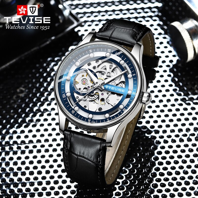 Tevise Skeleton Automatische Mechanische Mannen Horloge Lederen Band Mannelijke Klok Top Luxe Mannen Polshorloge