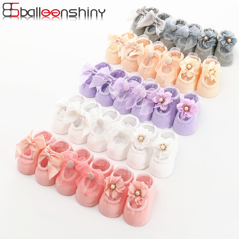 BalleenShiny 3 Pairs Bowknot Socks Baby Girls Princess Lace Flower Short Socks Child Kids Soft Cotton Socks For