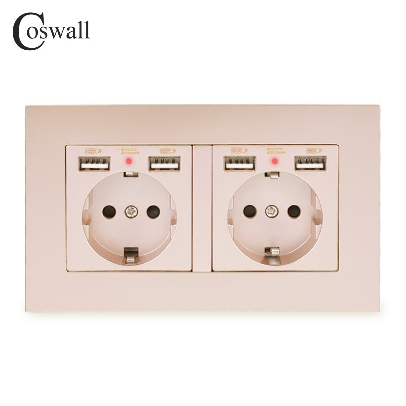 Coswall mærke 2 gang rusland spanien eu standard vægstik med 4 usb ladeport skjult blød led indikator pc panel sort hvid: Guld