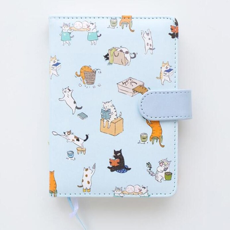 Stationery Cute Cat Notebook Leather Cover Print Animal Kids Notebook With Color Paper Binder Diary: blue