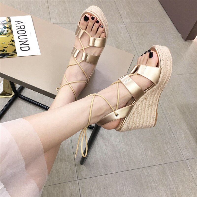 Summer Women Lace Up Platform Sandals Gold Nude High Heels Wedge Sandals Peep Toe Cork Sandals Party Shoes